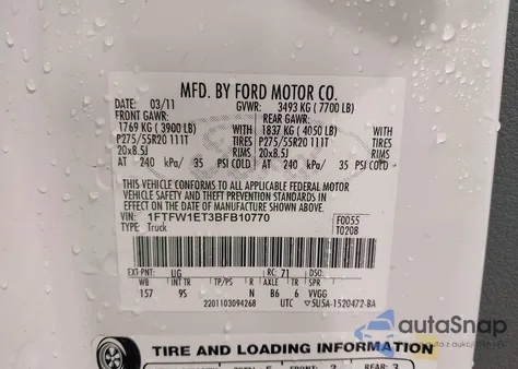 2011 Ford F150 Platinum z USA, uszkodzony, nr VIN 1FTFW1ET3BFB10770